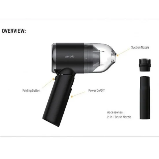 Porodo Lifestyle Portable Mini Folding Vacuum Cleaner 2000mAh - Black